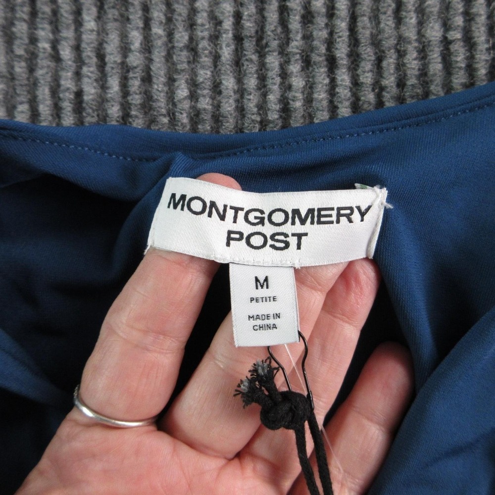 Montgomery Post Jumpsuit Womens M Petite Blue Belted Pleated V-Neck Wide Leg NWT - Picture 9 of 16
